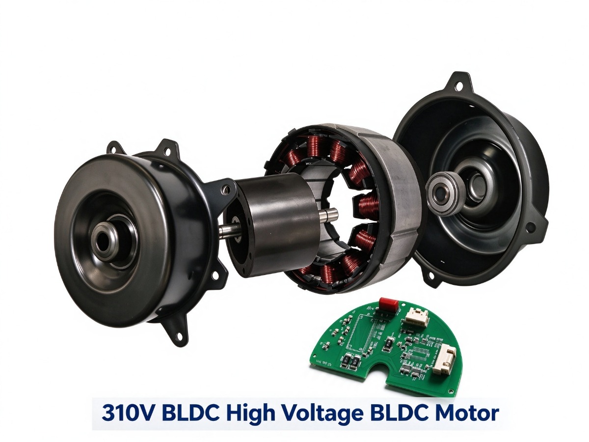 Exploded view of a 310 V DC 200 W BLDC fan motor with stator, rotor and HL9435 driver board
