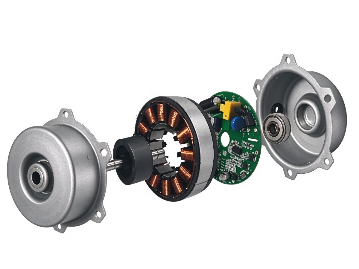 Exploded view of a BLDC fan motor showing stator, magnet rotor, shaft and control board
