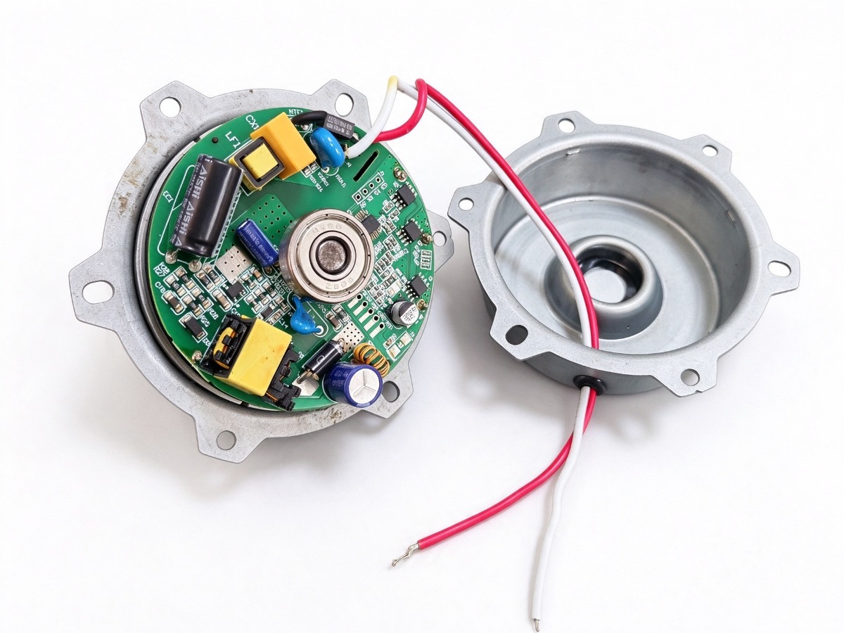 Exploded view of an integrated BLDC motor showing the power board, control board and housing