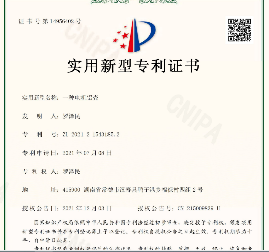 电机结构专利证书